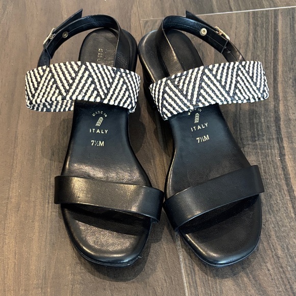 Shoes - Black Faux Leather Strap Sandals with Woven Black & White Ankle Strap size 7.5